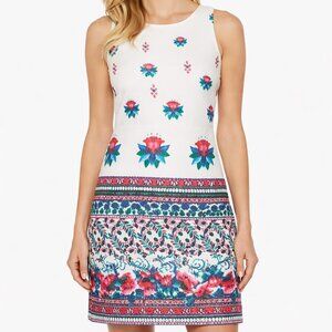 Taylor Melon Turquoise Floral Border Print Sleeveless Shift Dress Womens 14 NWT